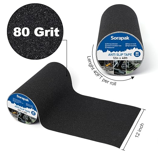 12in x 40 Ft Anti Slip Tape, 80 Grit Black Grip Tape for Stairs | waterproof, strong adhesive, easy peel and stick, ramps, steps, decks, warehouse floors, garage floors, outdoor walkways
