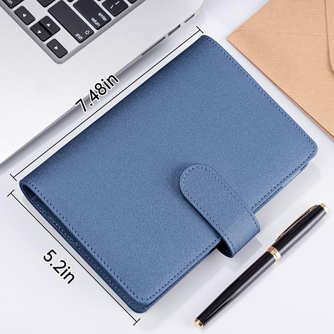 Antner A6 Notebook Binder Refillable 6 Ring Budget Binder Cover for A6 Refill Paper, PU Leather Budget Planner Organizer with Magnetic Buckle, Loose Leaf Personal Planner, Glitter Blue