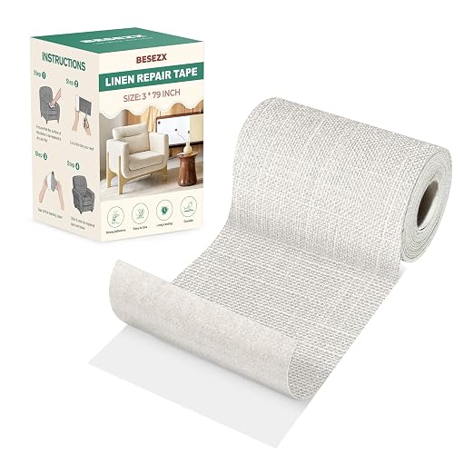 BESEZX Linen Fabric Repair Tape, 3x79 Inch Self Adhesive Repair Patches, Couch Fabric Tape for Furniture, Sofa, Chair, Upholstery.(Beige Grey)
