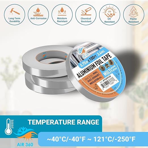 Thick Aluminum 0,75" x 100 ft HVAC Duct Tape for AC & Vent Repair, Cold Temperature Foil Tape for Pipe Insulation, Fire Proof Waterproof Metal Tape, High Temp Flex Duck Tape, Aluminum Body Tape