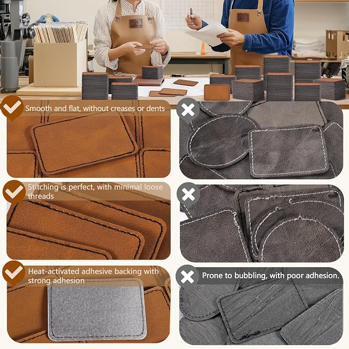100 Pack Blank Leatherette Patches with Adhesive, Rectangle Laser Engravable Faux Leather Patch for Hats Custom, Fabric Repair Sew, Engraving Materials, Gifts, DIY (Khaki, 3 x 2 in)