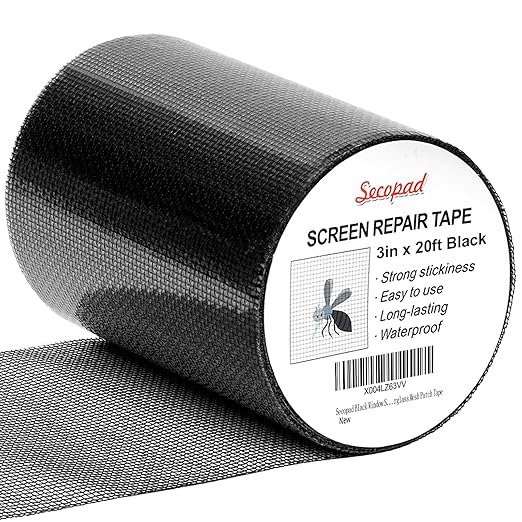 Secopad Black Window Screen Repair Tape, 3IN x 20FT (240IN) Screen Repair Kit for Windows or Doors, Strong Adhesive Fiberglass Mesh Patch Tape