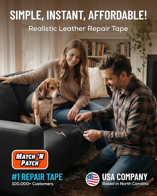 MATCH 'N PATCH Black Leather Repair Tape, 2.25" x 15' for Furniture | Realistic Faux Leather Patches for Couch, Sofa, Upholstery, Car Seat & Other Furniture, Vinyl Repair Kit, Self Adhesive Patch