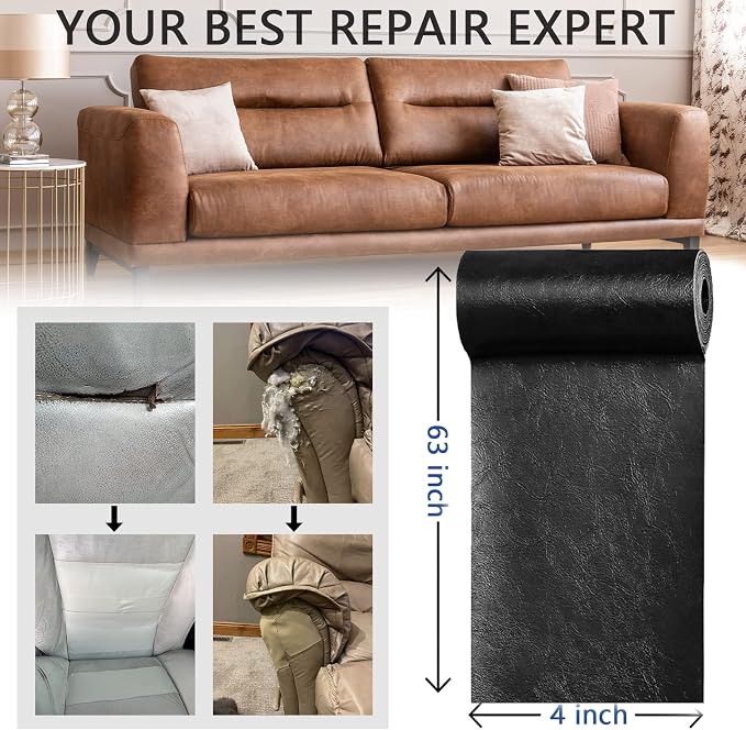 YAFLC Leather Repair Patch for Furniture, 4" x 63" Self Adhesive Leather Repair Kit Vinyl Repair Tape for Car Seat Sofa Jackets Couches Chair Glossy Chestnut