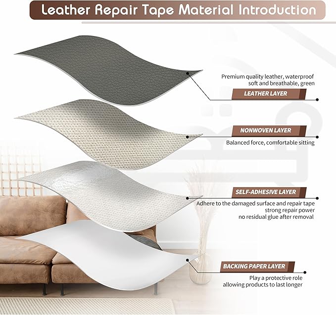 KING MOUNTAIN Leather Repair Patch,12 x 60 Inches self Adhesive Leather Repair Tape for Damaged Leather Furniture, Sofa Seating,Car Seats, Leather Goods（Gray）