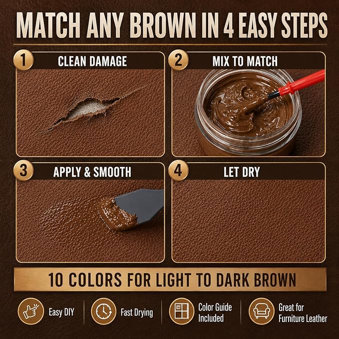 Leather & Vinyl Repair Kit for Furniture, Couch, Sofa, Chair, Car Seat | 10 Brown Shades, No Skills Needed, for Cat Scratch, Crack, Tear, Hole on Faux Upholstery, Recliner, Purse, Shoes, Jacket, RV