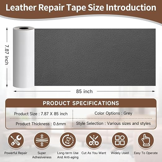 Leather Repair Tape, self-Adhesive Leather Repair Patch, for car seat Repair, Suitable for Sofas, Furniture, Seats, Strong Adhesive Leather Repair Tape (Gray, 7.87x 85in)
