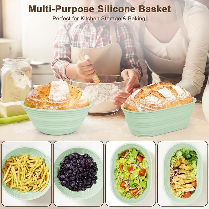 JOCXSPI Premium Foldable Silicone Sourdough Banneton Basket with 2 Lid, 9" Round & 10" Oval Sourdough Bread Proofing Basket, Non-Stick, Oven & Dishwasher Safe