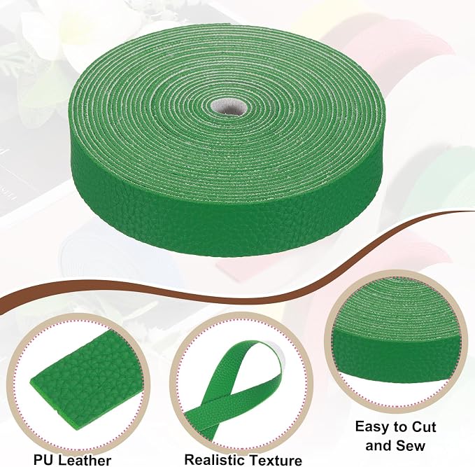 MECCANIXITY Faux Leather Strap, 1" Width x 197" Long Grained Leather Belt Strip Trim Roll for DIY Craft Projects, Pet Collars, Traction Ropes, Bag Straps, Hobby Workshop (Green)