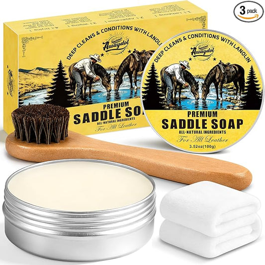 Saddle Soap for Leather 3.52oz,3-in-1 Leather Cleaner & Conditioner to Soften,Protect Leathercraft with Horsehair Brush & Cloth,Leather Soap for Car Interior,Couch,Shoe,Purse,Boot,Bag & Saddle
