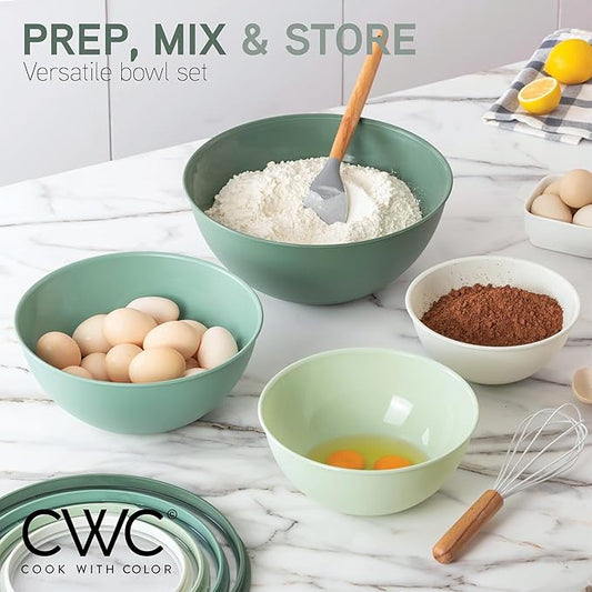 COOK WITH COLOR Mixing Bowls with Lids - 12 Piece Plastic Nesting Bowls Set includes 6 Prep Bowls and 6 Lids, Microwave Safe Mixing Bowl Set, Sage Tritan Lid