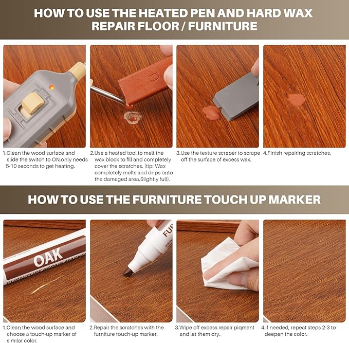 Laminate Floor Repair Kit, 6 Color Linoleum Repair Hard Wax Touch Up Marker with Heat Pen, Hardwood Floor Scratch Repair Cover Scratches, Stains, Cracks, Holes for Door, Cabinet, Table