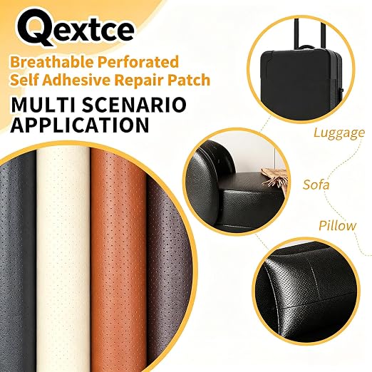 Qextce Perforated Leather Repair Patch Tape, Beige, 17x100 Inch | Breathable, Self-Adhesive, For Furniture, Couches, Car Seats, Office Chairs, Faux Leather & Vinyl Repair Kit