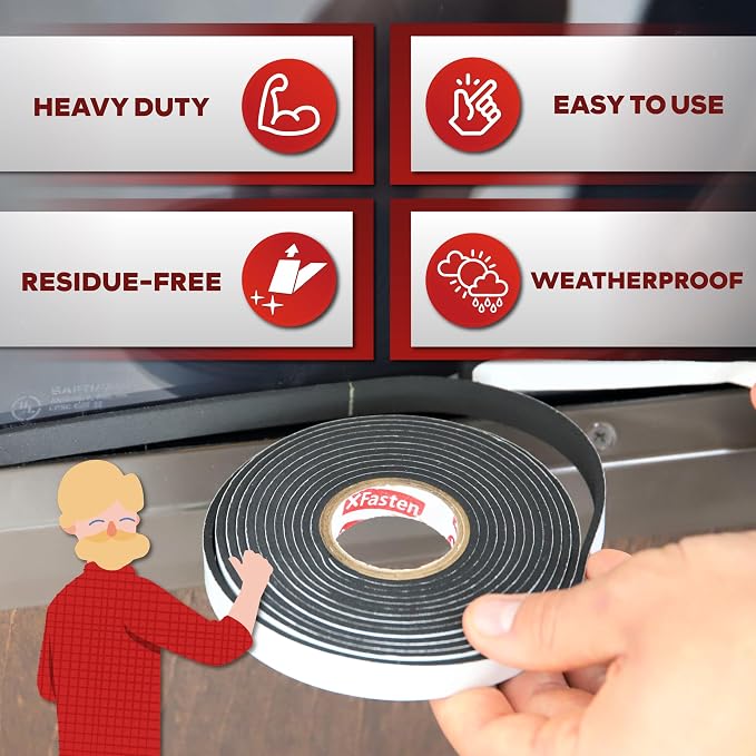 XFasten Black Foam Seal Tape, Self-Adhesive, 1/8" Thick 1/2-Inch x 20-Foot (3-Pack), High-Density Weather Strip Tape for Window, Door Insulation, Neoprene Insulation Foam Tape