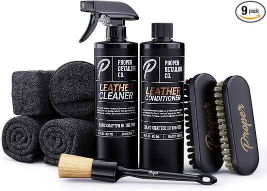 PROPER DETAILING CO. Car Leather Cleaner and Conditioner, Clean and Protect for long lasting leather, 9 Piece Deluxe Leather Care kit for professional results, leather car cleaner, conditioner leather