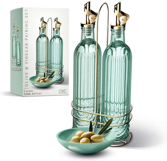 COOK WITH COLOR Glass Olive Oil Bottle Dispenser - 2 Pack- 17oz Oil and Vinegar Cruet - Olive Oil Carafe Decanter for Kitchen, Elegant Fluted, Green