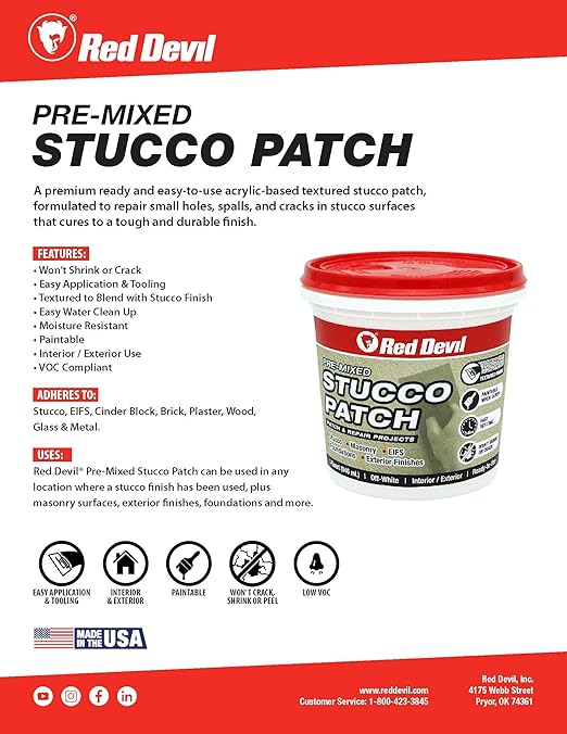 Red Devil 0450 Pre Mixed Stucco Patch, Off White, Quart, 1 Pack