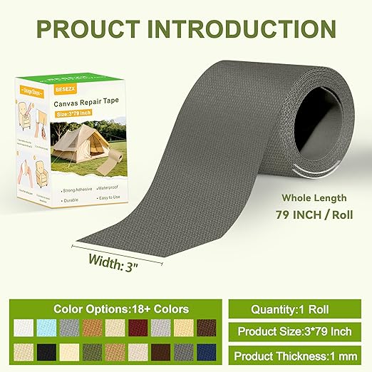 Besezx Canvas Repair Tape,Outdoor Gear Patch, 3x79 Inches,Waterproof Self-Adhesive Fabric Repair Tape for Repairing Boat Covers,Sun Shades,Sofas,Tents,Lounge Chairs,Awnings (Charcoal Grey)