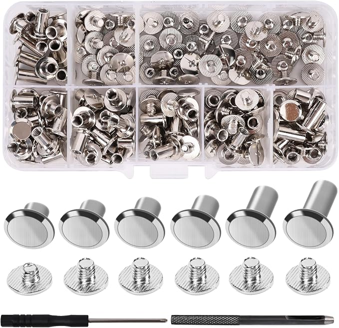 Leather Rivets, AIIQESBT 110 Pcs Chicago Screws with 2 Pcs Tool Set, Chicago Screw Rivets Assorted Kit for Decorate & Repair Leather Crafting, Bookbinding, Custom-Made Items & DIY Crafts (Silver)