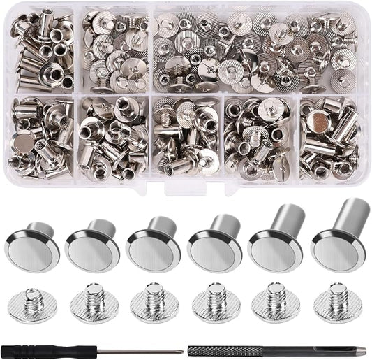 Leather Rivets, AIIQESBT 110 Pcs Chicago Screws with 2 Pcs Tool Set, Chicago Screw Rivets Assorted Kit for Decorate & Repair Leather Crafting, Bookbinding, Custom-Made Items & DIY Crafts (Silver)