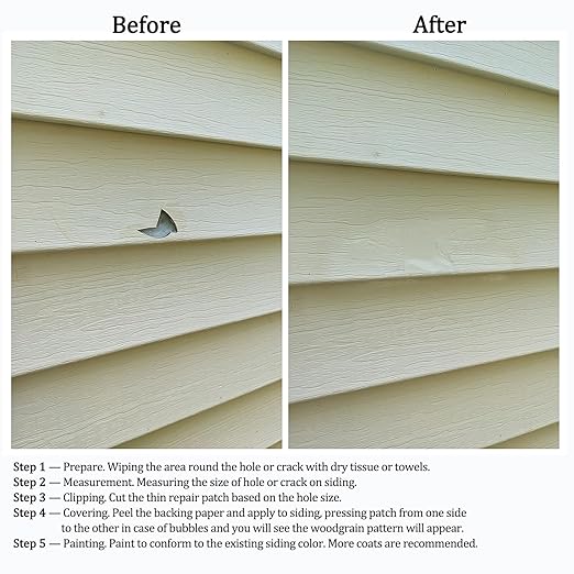 Vinyl Siding Repair Kit 24Pcs 6.3X4.75Inch Self-Adhesive Vinyl Siding Patch PVC Tape Cover Any Cracks Holes Blemishes on Vinyls Sidings Fence Tools Home Skirting
