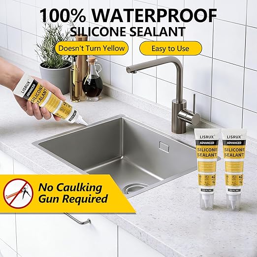 LISRUX Advanced Clear Silicone Caulk for Kitchen & Bathroom - 6 Pack (3.2 Fl Oz Each) | 100% Waterproof Silicone Sealant | Super Strong Adhesion, Shrink & Crack Proof