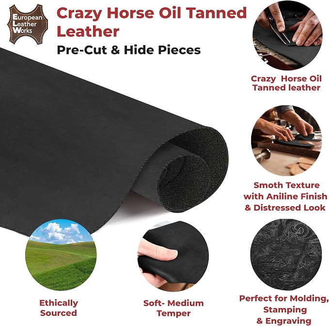ELW Crazy Horse Leather 5-6 OZ (2-2.4mm) | Blue | Pre-Cut 8-10 SQ FT | Full Grain Cowhide Handmade Leather for DIY, Crafts, Sheaths, Sewing, Workshop
