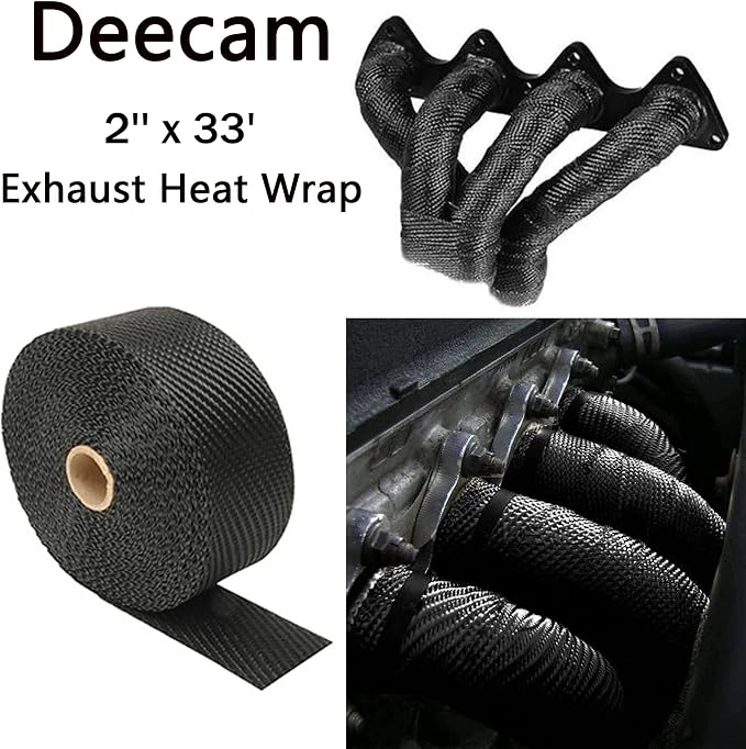 Deecam Exhaust Heat Wrap, 2'' x 33' Black Exhaust Header Wrap Tape Kits, Heat Wrap for Exhaust Pipes with 10 Stainless Steel Ties for Motorcycle Car Exhaust Engine