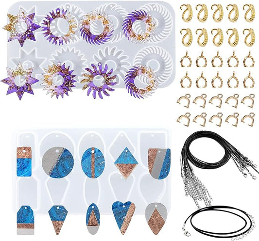 Yayatty Epoxy Resin Molds Kit, Gear Silicone Molds Geometry Pendant Jewelry Casting Resin Silicone Molds with Holes, Black Wax Rope and Pendant Buckle for Jewelry Making