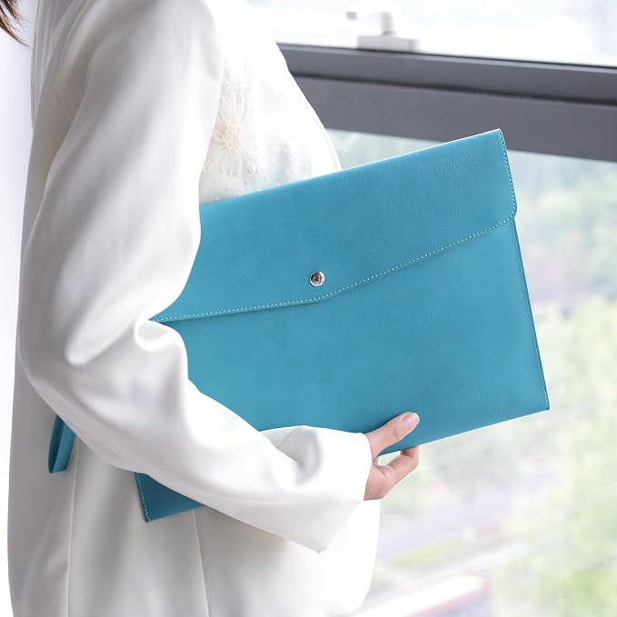 Wonderpool A4 Premium Faux Leather Envelope Documents Multifunction Folders Stationery Bag -Portfolio File for Paper Letter Stationery Organizer and Tablet Case PC Sleeve (Cyan)