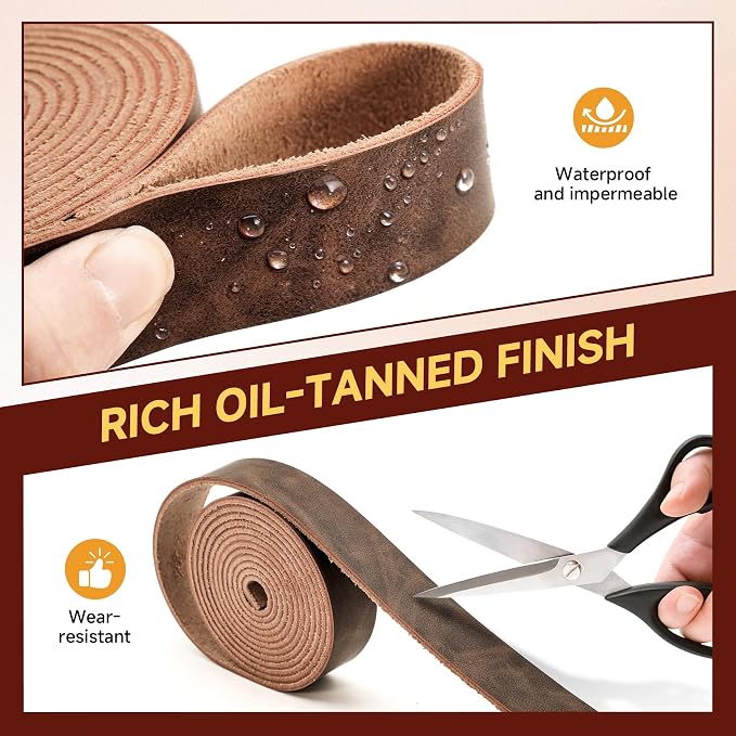 Genuine Full Grain Leather Strip, 1 Inch Wide x 79 Inches Long, 2.2mm Thick Oil Tanned Cowhide Leather Strap for DIY Craft Projects, Tooling, Belts, Knife Sheath, Gardening Tools – Dark Brown