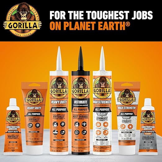 Gorilla Max Strength Construction Adhesive, Clear Glue, 9 Ounce Cartridge (Pack of 1) - Gap Filling and Waterproof