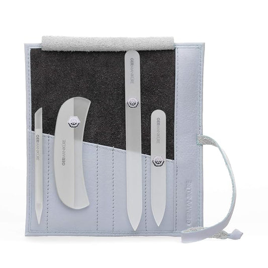 GERMANIKURE Gray Crystal Glass Nail File Set in Light Blue Leather Case – Handmade in Czech Republic – Professional Manicure & Pedicure Supplies – Glass Cuticle Stick, Pusher, Moon File