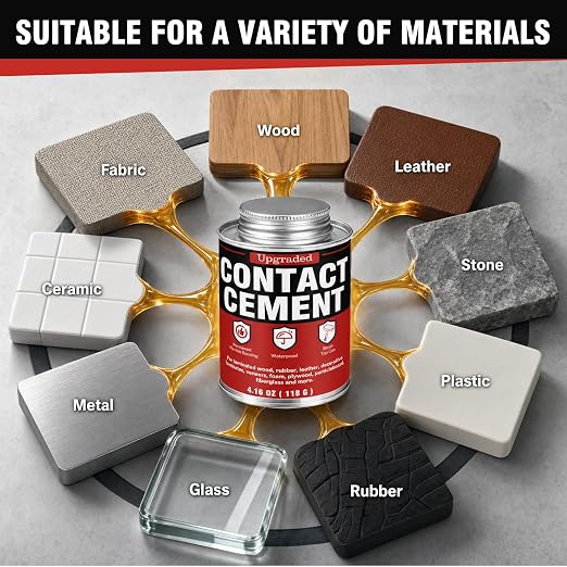 Contact Cement Adhesive 4.16 oz with Brush for Leather, Wood & Furniture | High-strength neoprene contact cement with brush for leather, wood, rubber and furniture. Waterproof and flexible
