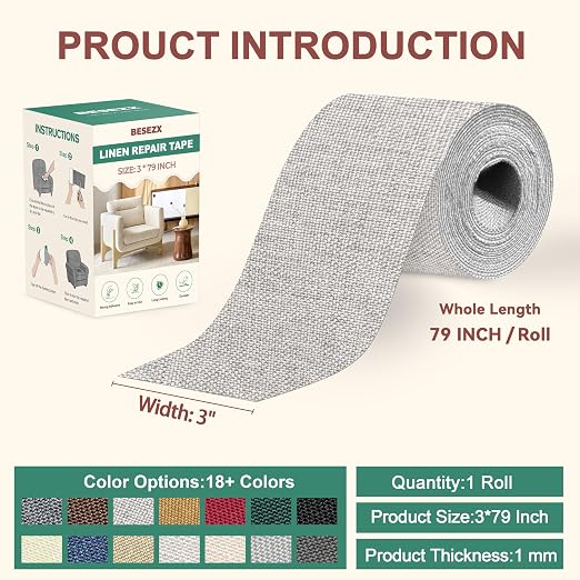 Besezx Linen Fabric Repair Tape, 3x79 Inch Self Adhesive Repair Patches, Couch Fabric Tape for Furniture, Sofa, Chair, Upholstery.(Light Grey)