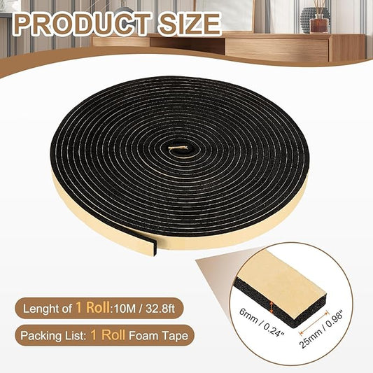 PATIKIL Foam Insulation Tape, 1" W x 1/4" t x 32.8FT Self Adhesive Weather Stripping Door Seal Strip for Door Window Air Conditioning, Black