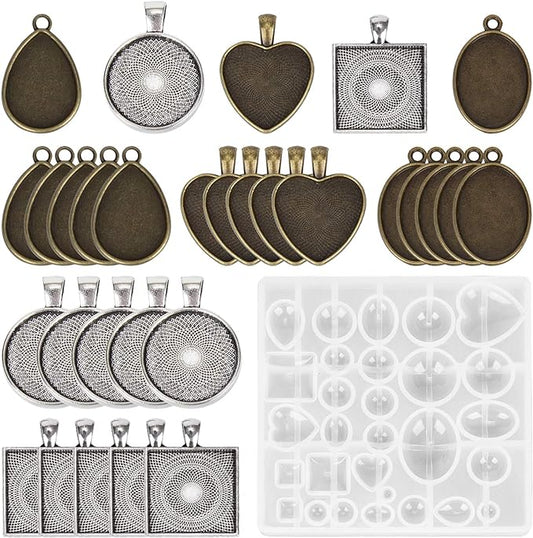 HOMEIDOL Resin Jewelry Molds Pendant Trays Making Kit with 30pcs 5 Styles Metal Pendants and 1pc Silicone Epoxy Casting Mold for Pendant Crafting DIY Gifts