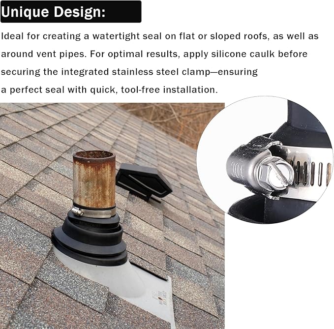 2-Pack Roof Vent Pipe Repair Boot Kit, 1.5"-2" Universal Fit, No Re-Roofing Needed, with SS Clamps & Waterproof Seal for Flat/Pitched Roofs - Easy DIY Fix for Cracked Flashing