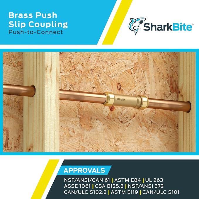 SharkBite 3/4 Inch Slip Coupling, Pack of 3, Push to Connect Brass Plumbing Fitting, PEX Pipe, Copper, CPVC, PE-RT, HDPE, U3016LF