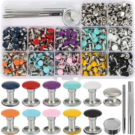 YORANYO 380 Sets 8MM Leather Rivets Kit Studs for Clothing Double Cap Rivets for Clothing Fabric Colorful Rivets with Leather Crafting Rivet Tool for Repair Decorate Clothes Shoes Bags Belt Dog Collar