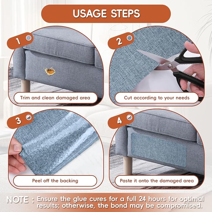 Linen Fabric Repair Tape 2 Pcs 8x12 Inch, Self Adhesive Couch Patch Repair Fabric Tape for Furniture, Linen Patch Kit for Couch, Carpet, Upholstery, Chair, Sofa, Cushion, Bag (Blue Grey)
