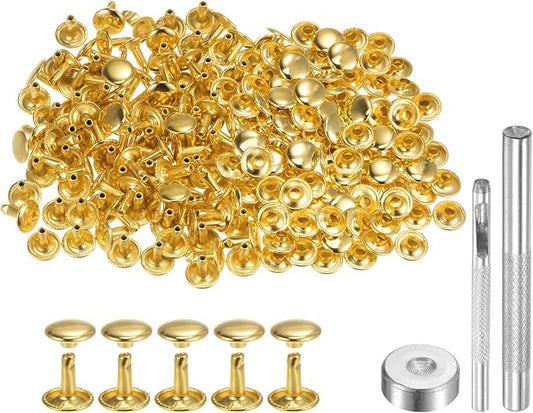 HARFINGTON 100 Sets Leather Rivets 10 x 10mm Metal Double Cap Rivet Snaps Studs Fasteners with 3pcs Setting Tools Rivets for Leather Craft DIY Repair Decoration, Gold Tone