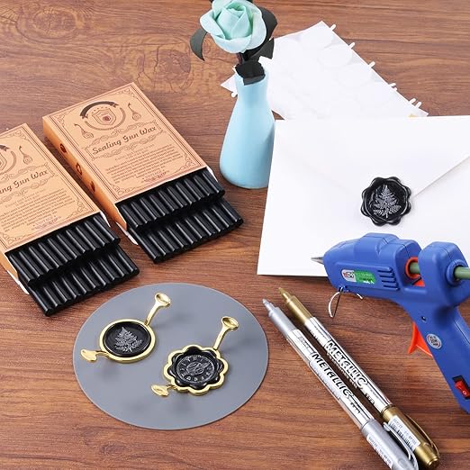 Wax Seal Kit, WASOHLING 40Pcs Black Sealing Wax Sticks with Glue Gun, Wax Seal Molds, Silicone Mat, Marker Pens, Premium Set for Letter Sealing Wedding Invitations Envelopes Cards (Black)