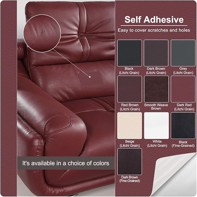 Self Adhesive Leather Repair Patch, Leather Patches for Furniture, Leather Repair Tape for Couch Sofa Car Seat Chair Furniture Repair, Leather Repair Kit (Dark Red-Litchi Grain, 17X79 Inch)