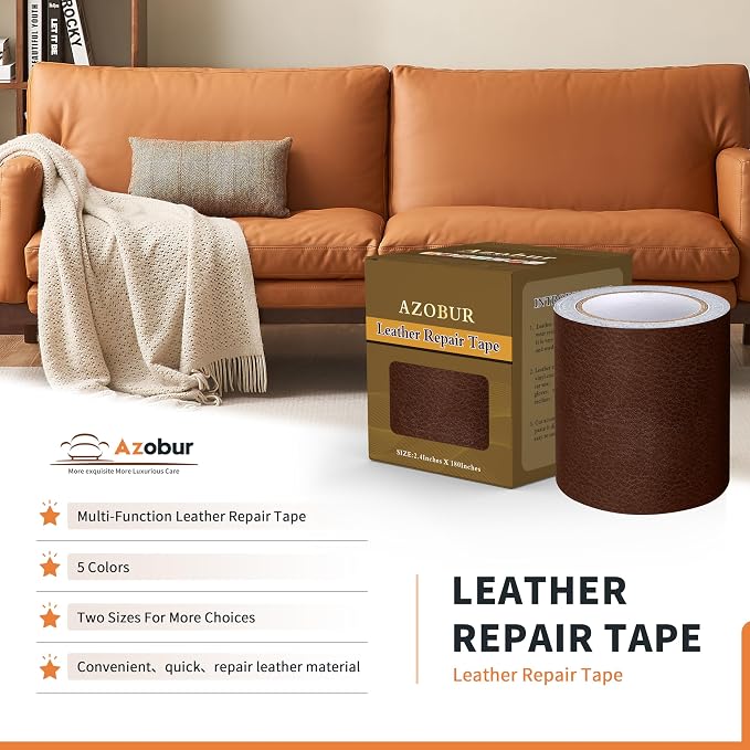Azbour Leather Repair Tape Patch, 2.4''x15' Super Adhesive, Self-Adhesive Leather Patch for Restoration and Refurbishment of Sofas, Car Seats, Furniture, Vinyl Furniture, Chairs.（Red Brown）