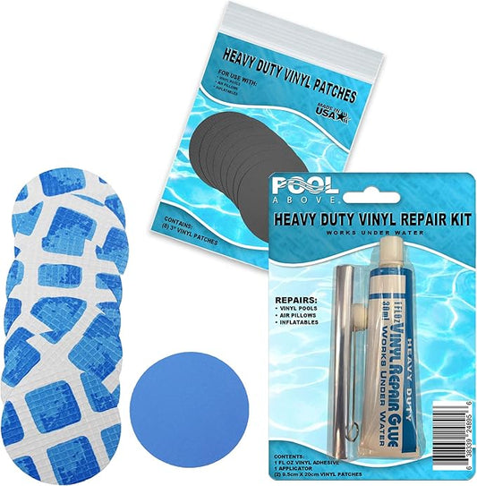 All-in-One Repair Kit for Above-Ground Pools | Fast, Underwater-Capable Peel-and-Stick OR Adhesive Glue-Down Vinyl Patches & for Easy Set and Frame Pools Blue Glue On
