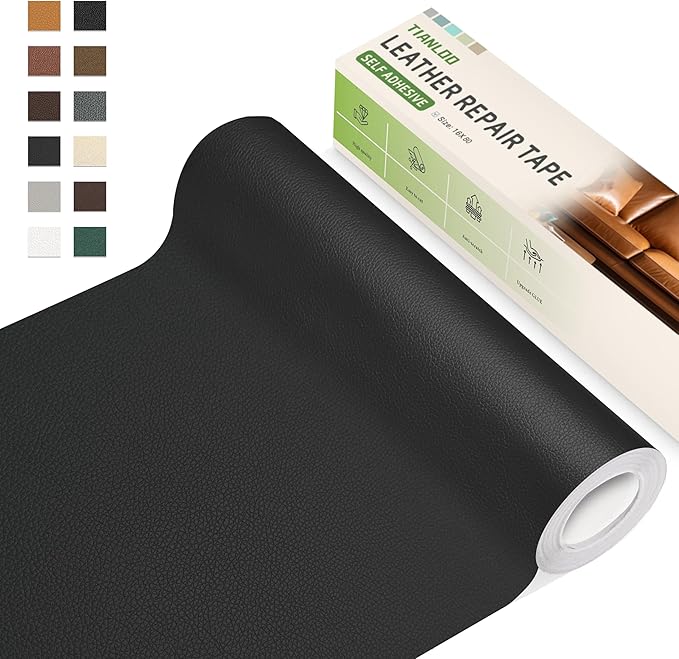 TIANLDD Leather Repair Tape,16 x 160 Inches Self Adhesive Leather Repair Patch，Leather Repair Kit for Furniture，Couches,Car Seats,Cabinets,Handbags(Black-Litchi Grain)