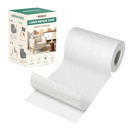 Besezx Linen Fabric Repair Tape, 3x79 Inch Self Adhesive Repair Patches, Couch Fabric Tape for Furniture, Sofa, Chair, Upholstery.(White)