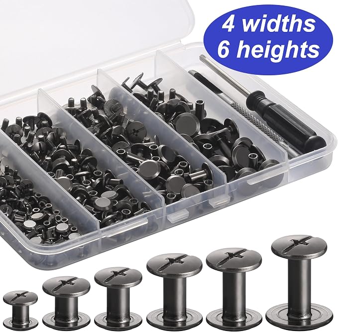 YORANYO 140 Sets Chicago Screws Leather Rivets Kit for Fabric Leather Crafting 6 Sizes Chicago Binding Screws for Decorate and Repair Belt Bag Shoes Purse Pet Collar Clothing Bookbinding (Gun-Metal)