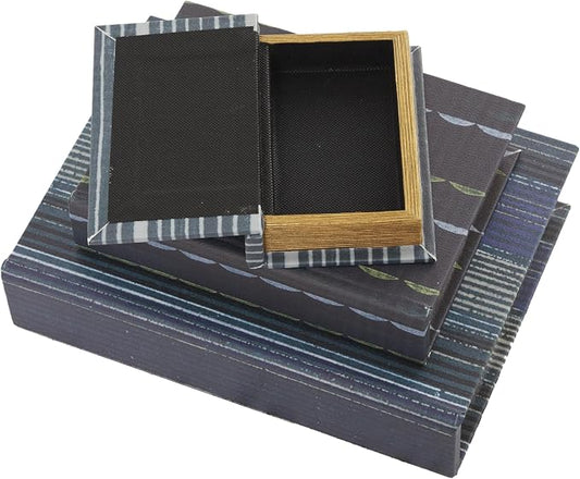 Deco 79 Faux Leather Decorative Box Faux Storage Book Book Shaped Boxes with Varying Striped Patterns, Set of 3 Decorative Keepsake Boxes 12", 9", 6"H, Blue